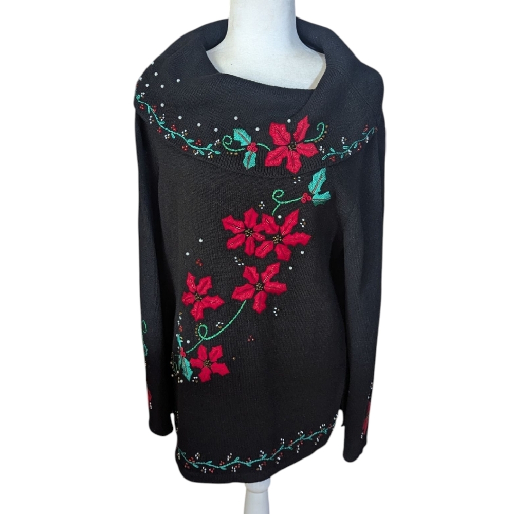 Vtg 90s Holiday Poinsettia Floral Embroidered Bead Black Tunic Cowl Sweater Sz L